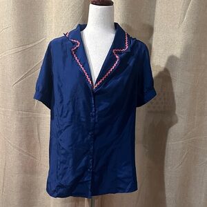 Myrtlewood of California Retro Navy Blue Button-Up Shirt with Pink Trim